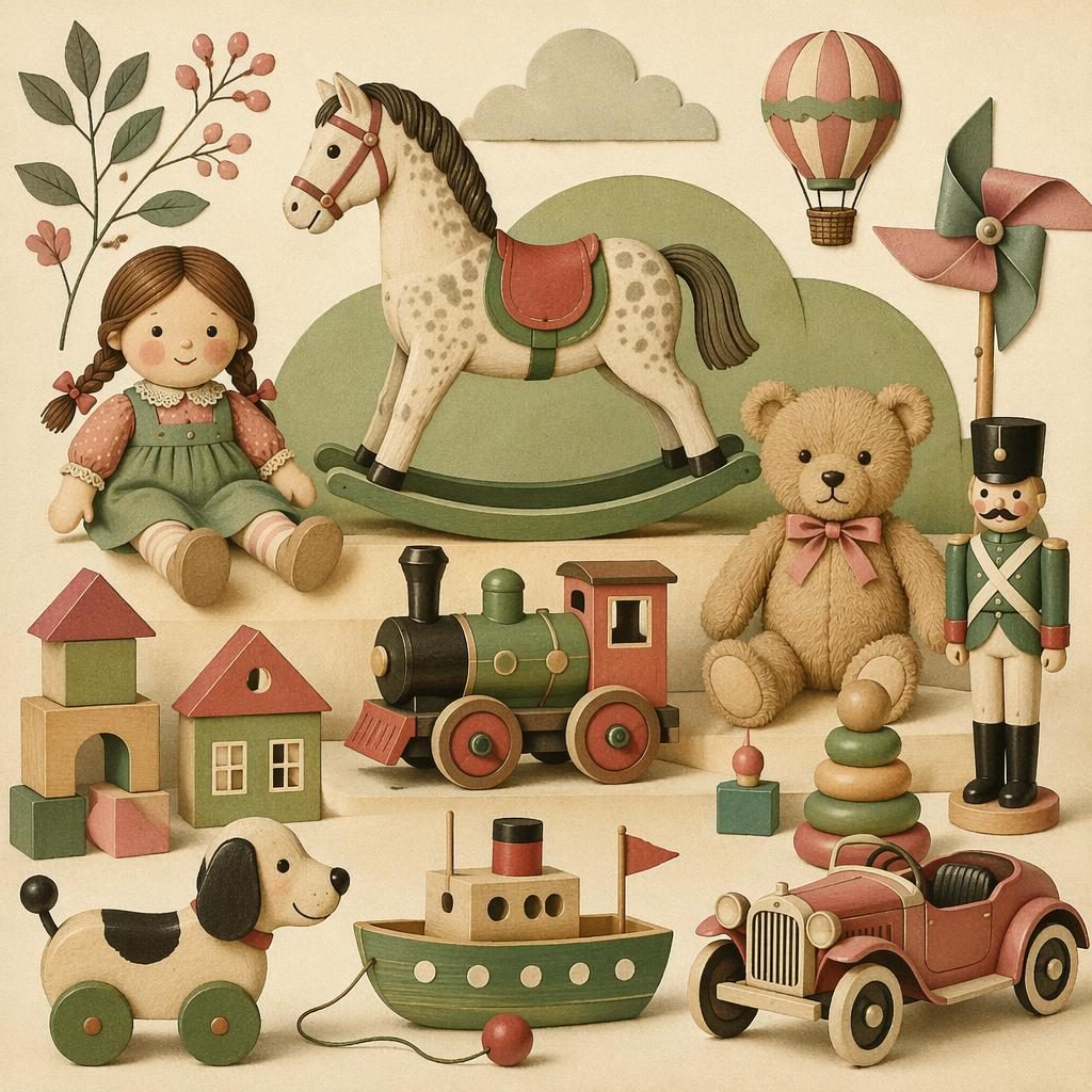 Vintage ilustrace retro hraček z papírové koláže v šalvějové a růžové paletě, s nostalgickou dětskou kompozicí.