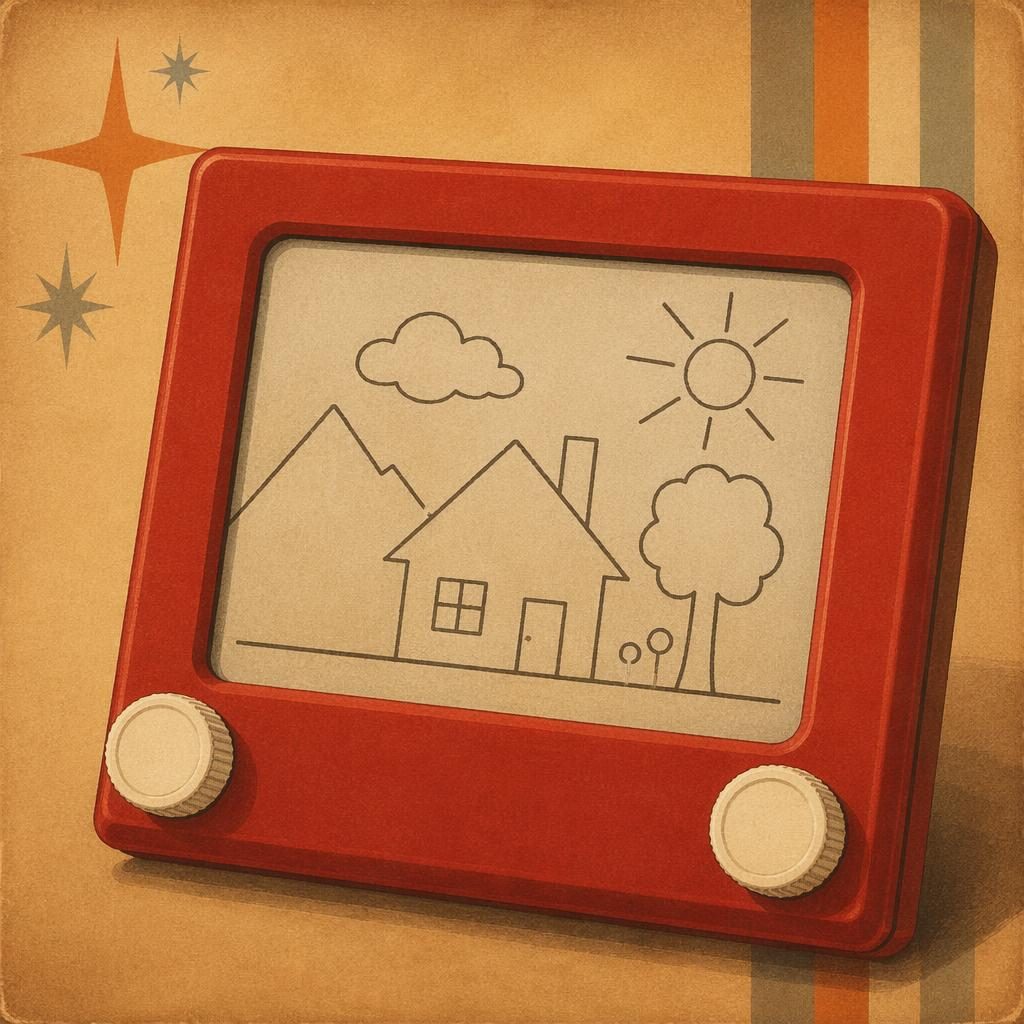 Sepia vintage toy illustration of a doodle board in 1970s tin-print style with warm tones and a charming nursery look
