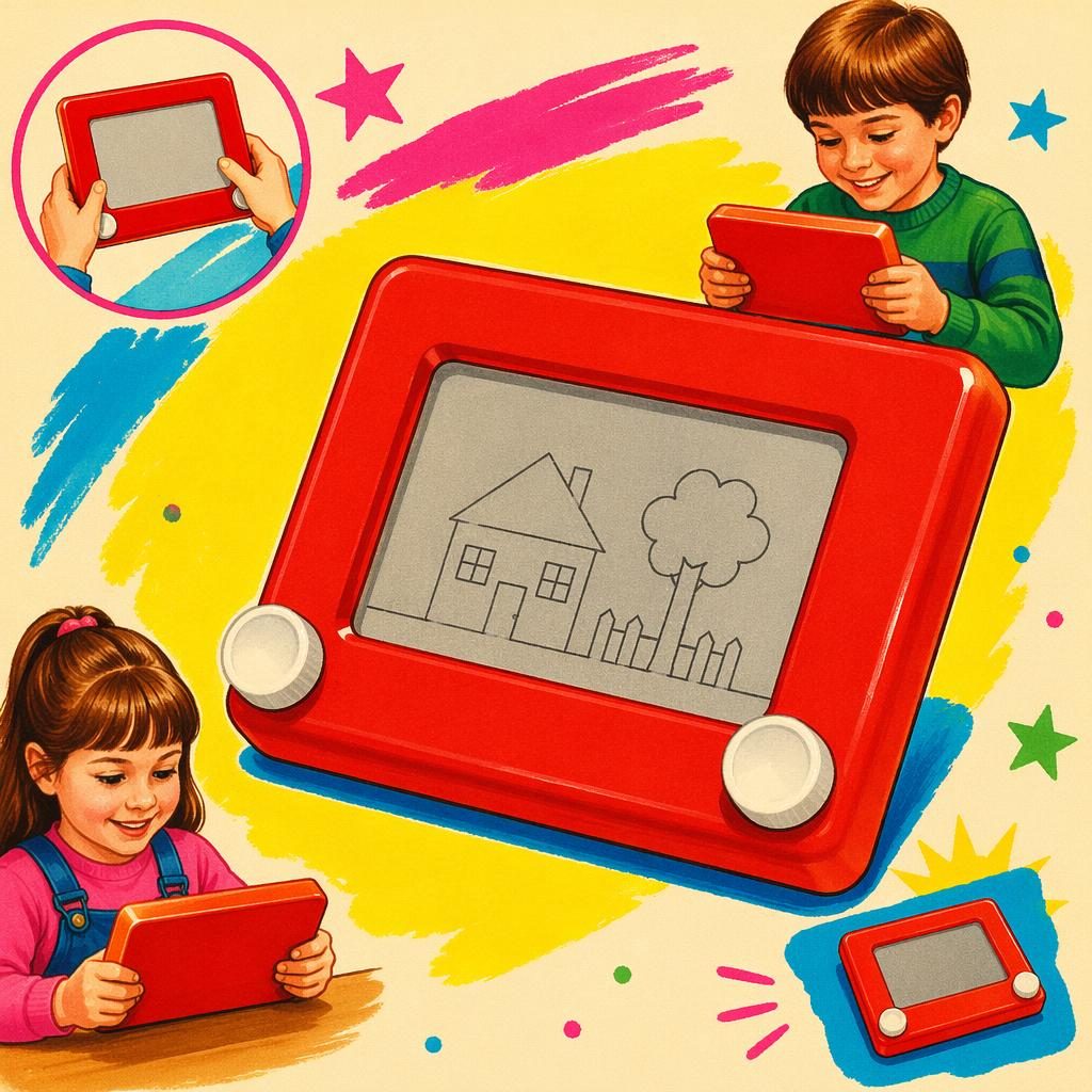 Vintage 1980s-style toy illustration of a generic drawing tablet in bright primary colors on a playful nursery backdrop.