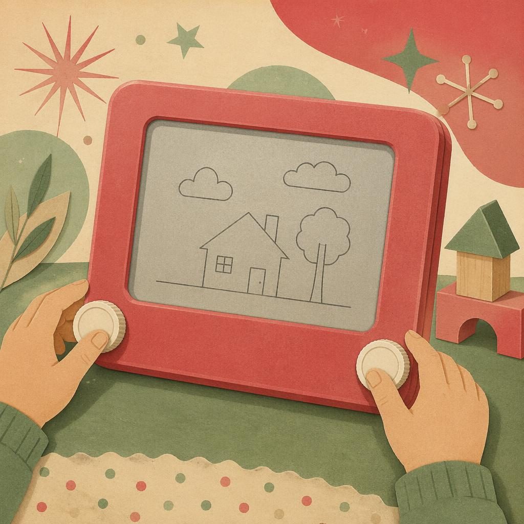 1950s-style paper-cut toy illustration of a vintage drawing tablet in sage and rose tones with a charming nursery feel