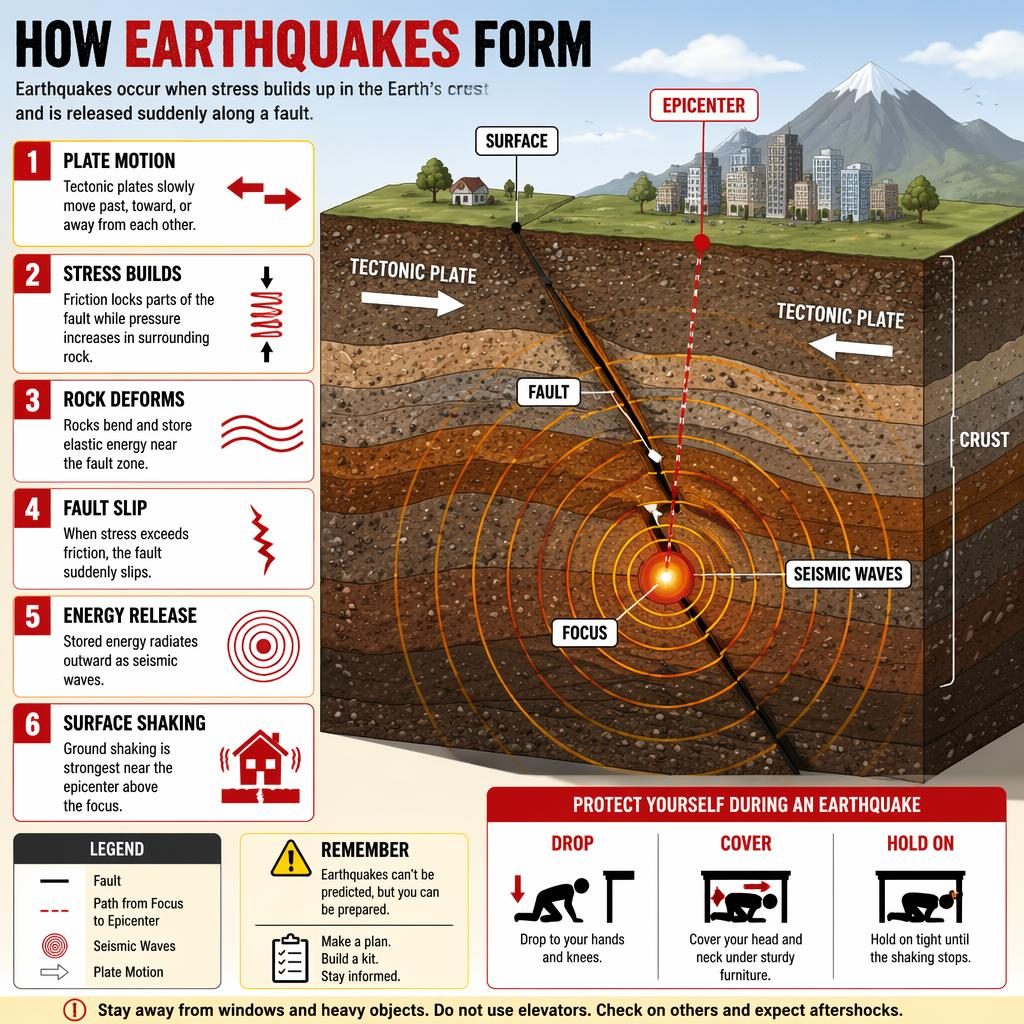 Science infographic cross-section showing tectonic plates, fault, focus, epicenter, seismic waves, and 6 earthquake stages.