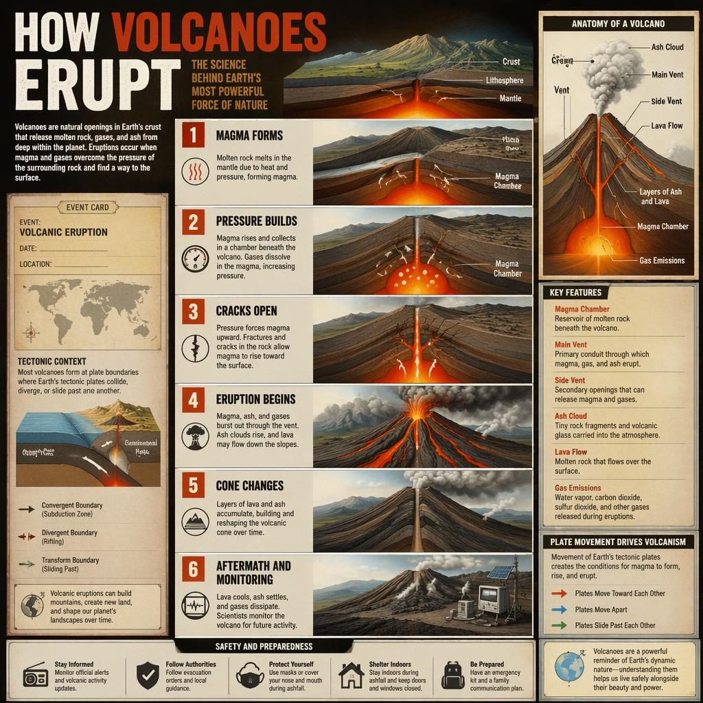 Science infographic showing 6 numbered volcano eruption stages with cross-section, magma chamber, vents, ash plume, lava flow.