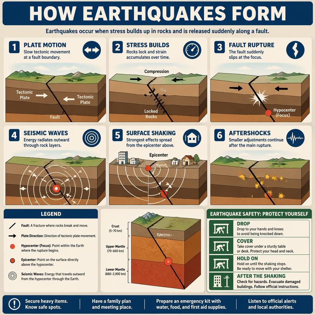 Retro science infographic showing 6 numbered earthquake formation stages with tectonic plates, fault line, crust, mantle and waves