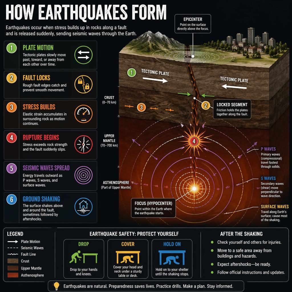 Dark mode science infographic showing 6 stages of how earthquakes form in a crust cross-section with plates, fault, focus, epicenter