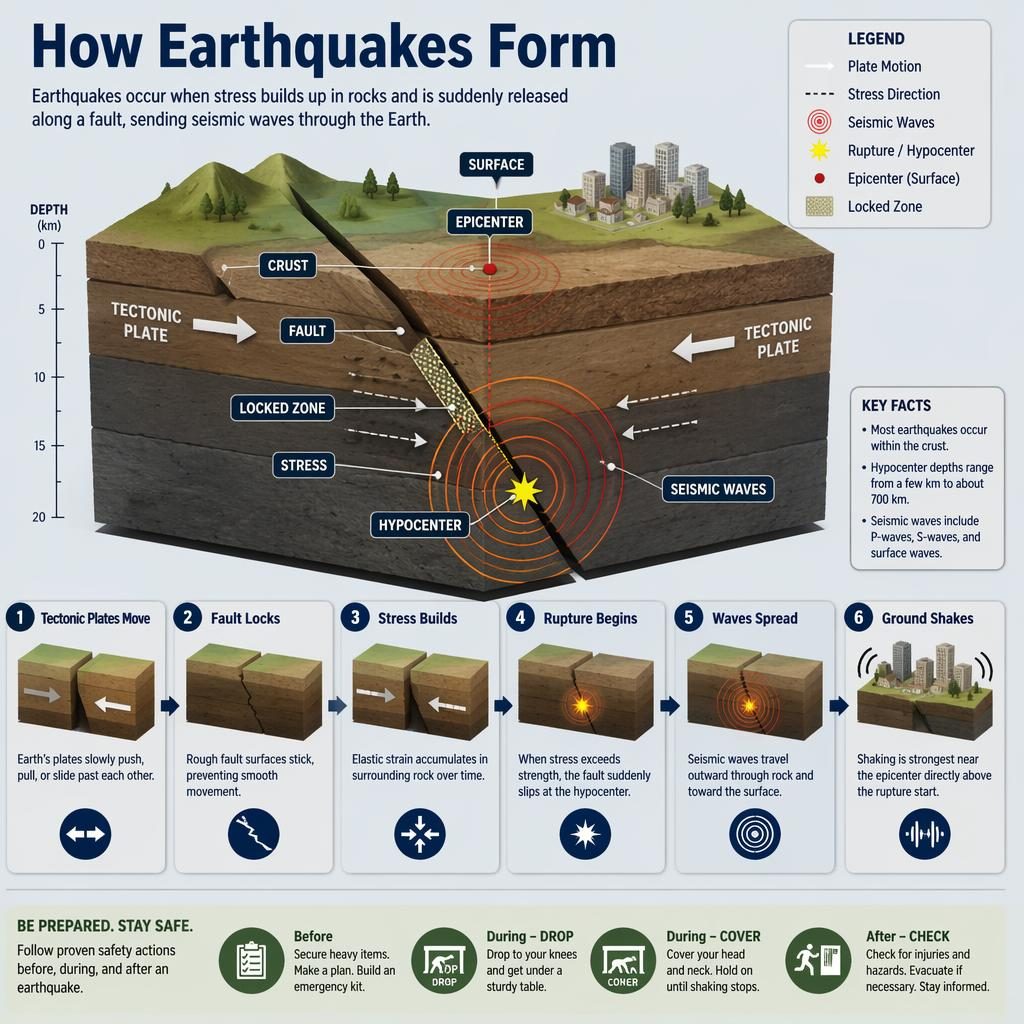 Infographie isométrique 3D montrant la coupe de la croûte terrestre, plaques tectoniques, faille, hypocentre et ondes.