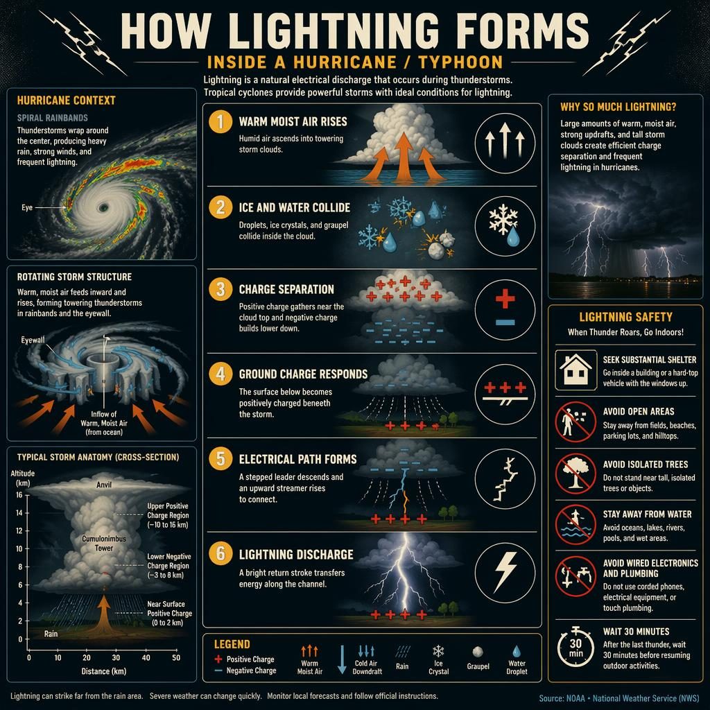 Retro dark-mode infographic showing 6 stages of lightning formation in a hurricane, with safety callouts and icons.