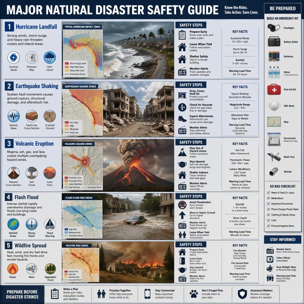 Infografía editorial con 5 paneles de huracán, terremoto, volcán, inundación repentina e incendio forestal.