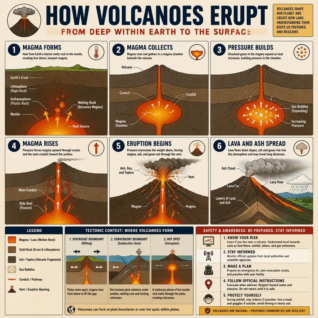 Educational volcano eruption formation diagram with 6 numbered stages, cross-sections, arrows, labels, legend, ash plume, and lava flow.