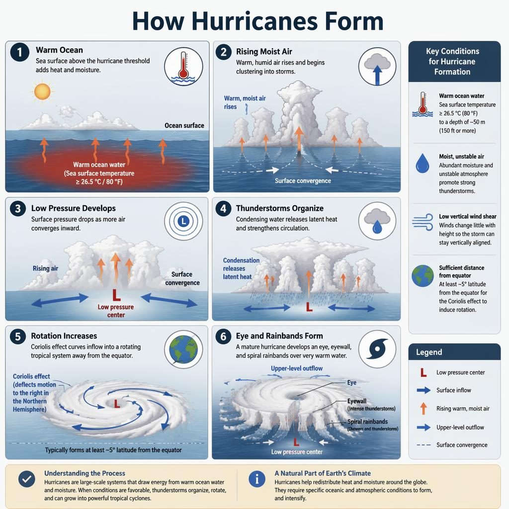 Minimal flat infographic showing 6 numbered stages of hurricane formation over a warm ocean with arrows, labels, icons, eye and rainbands.