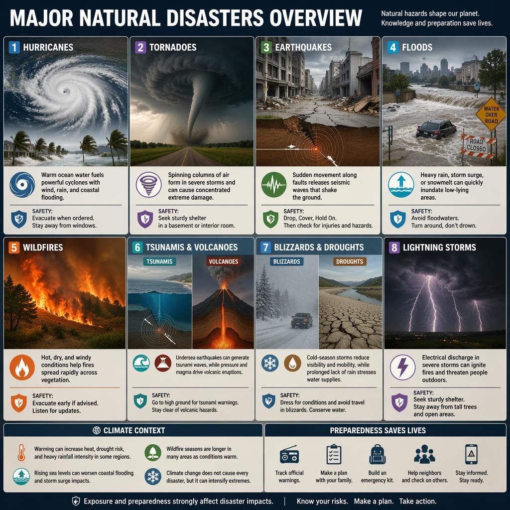Infografía editorial multipanel sobre naturales desastres con huracanes, tornados, terremotos, inundaciones e incendios.