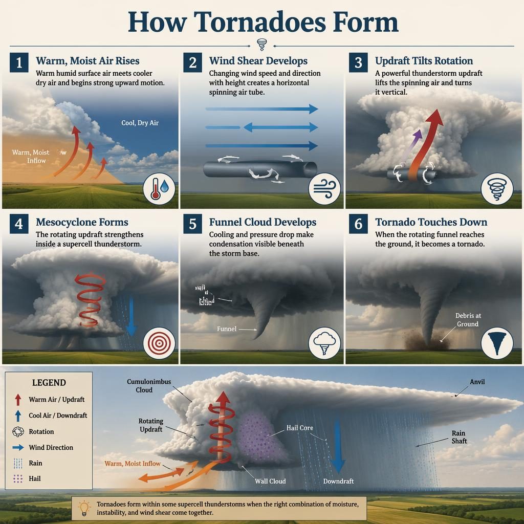 Klidná vědecká infografika se 6 očíslovanými fázemi vzniku tornáda, řezem atmosférou, supercelou, šipkami proudění a legendou.