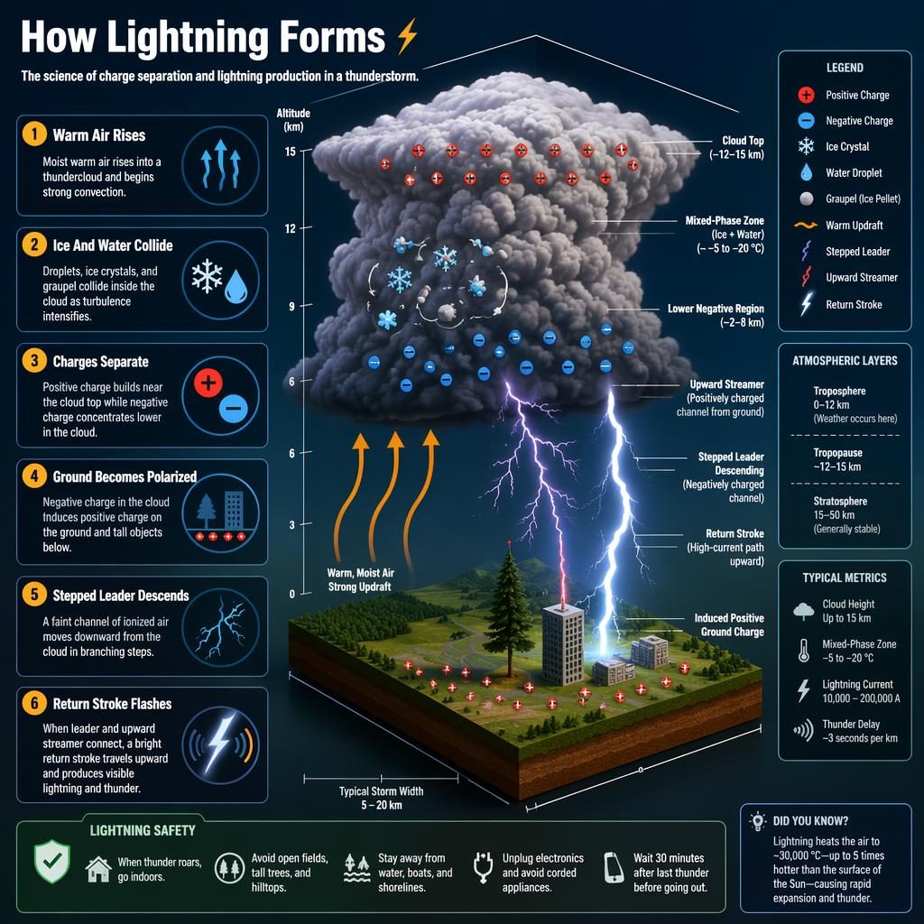 Isometric weather infographic showing 6 stages of lightning formation with storm cloud, charge separation, arrows, labels, and terrain