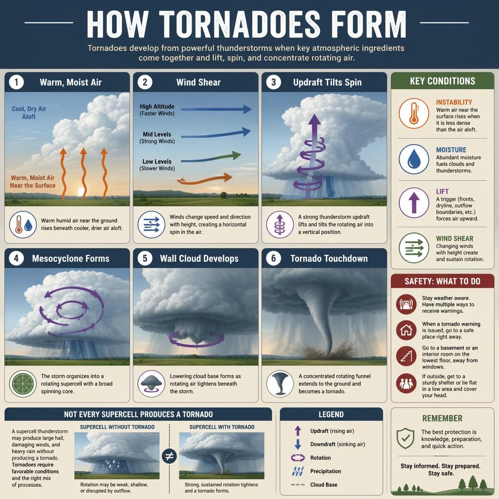 Infographie scientifique en style plat montrant 6 étapes de formation d’une tornade avec coupe atmosphérique et légende.
