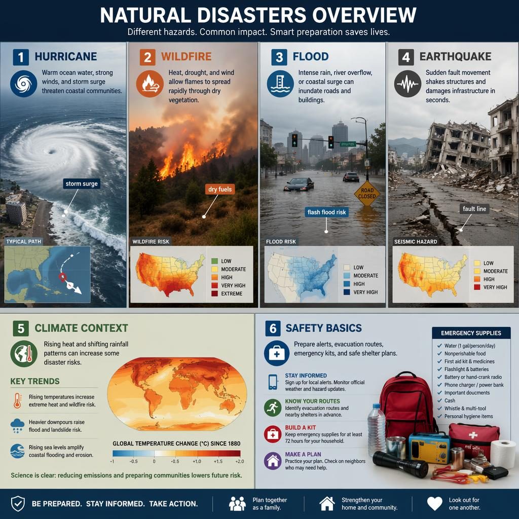 Infografía editorial fotorealista sobre natural desastre con huracán, incendio forestal, inundación y terremoto en 6 secciones.