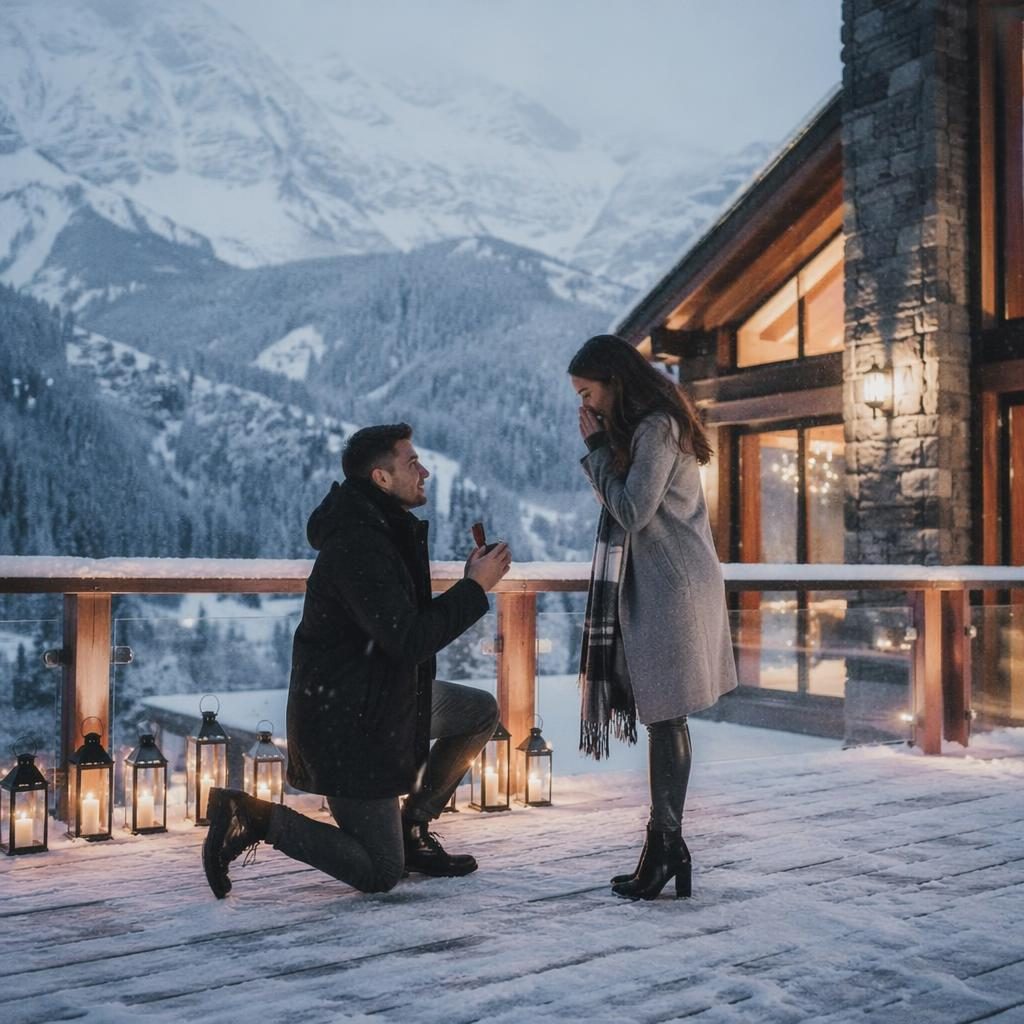 Couple with farewell sparklers in a snowy alpine chalet loft, light airy winter wedding scene with icy tones