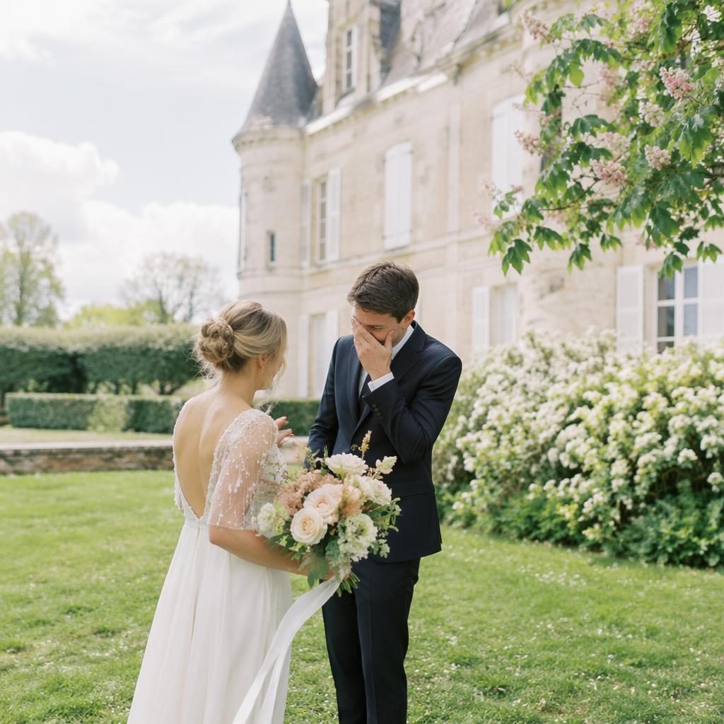 Couple découvrant sa tenue de mariage dans un jardin de château français, lumière naturelle, tons blush et crème