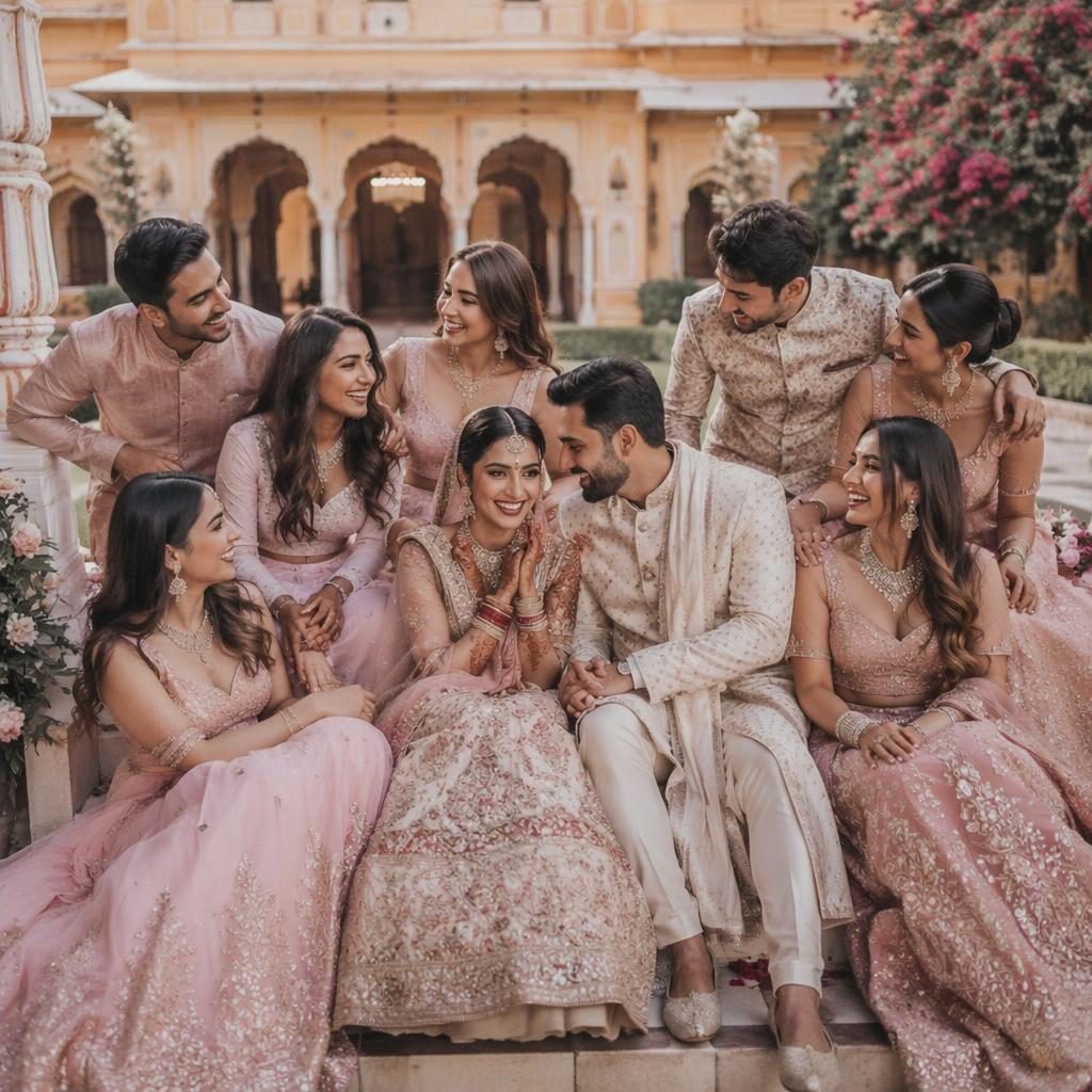 Wedding party posing in a Rajasthan palace courtyard at a tropical resort, with mehndi details and dusty rose styling.