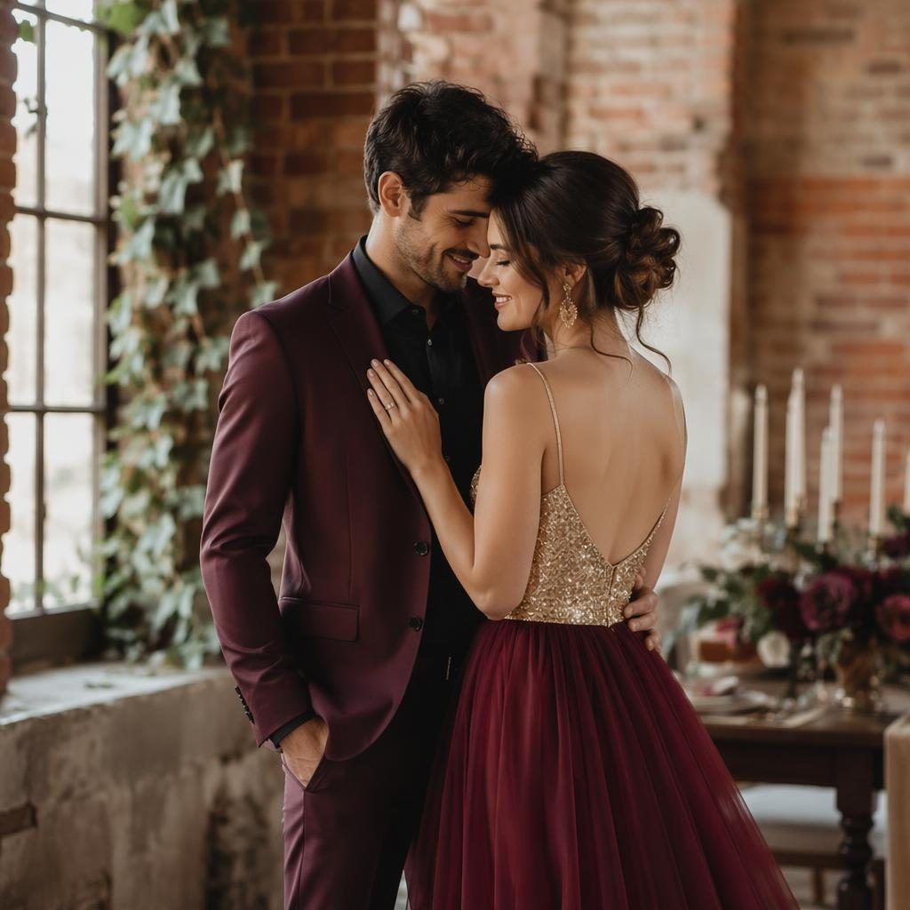 Couple portrait in an industrial loft with exposed brick, soft pastel light, and burgundy gold wedding styling