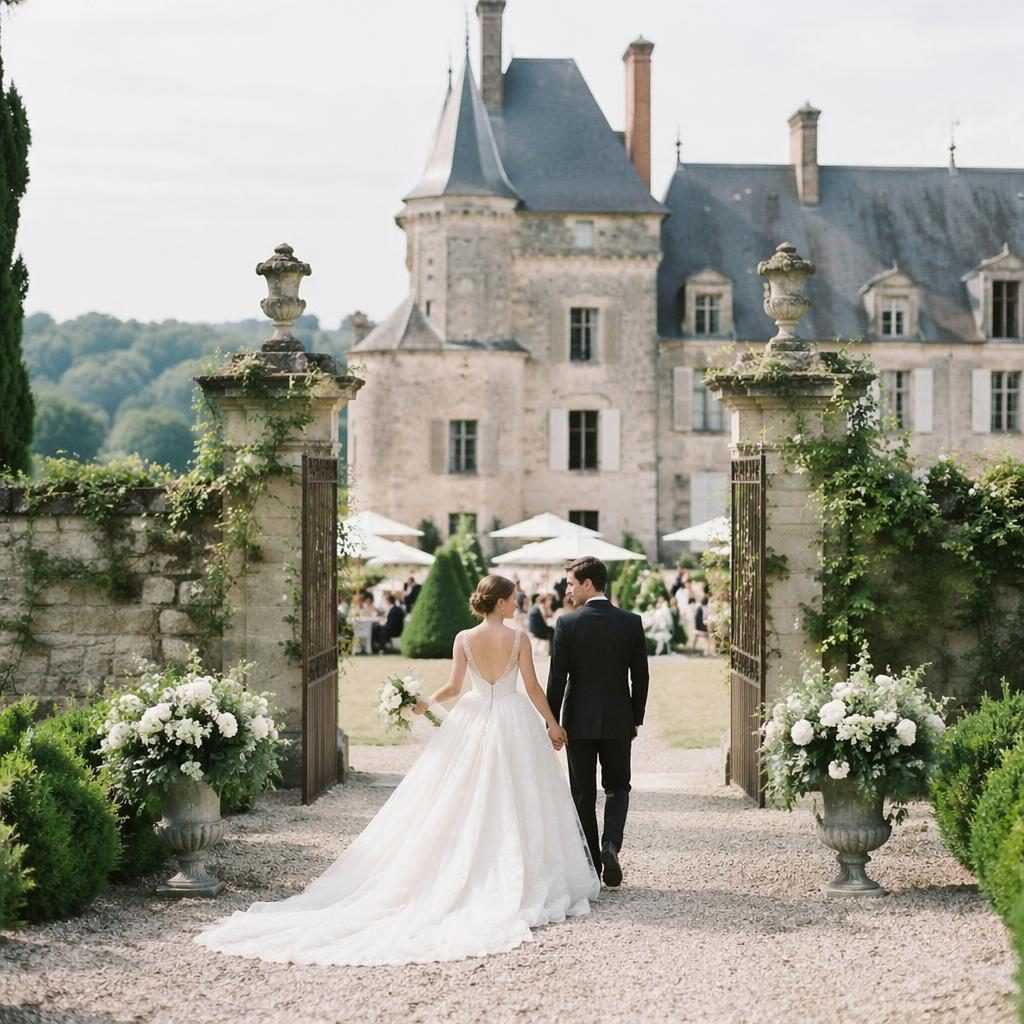 Entrée de réception de mariage dans le jardin d’un château français, décor sauge et blanc, lumière naturelle.