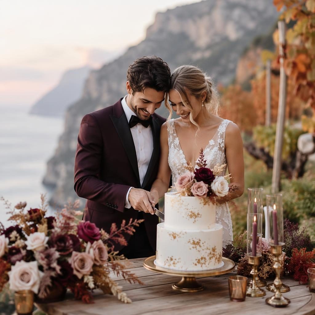 Bride and groom cut a wedding cake at a minimalist desert-style Positano cliff vineyard in autumn, burgundy and gold.