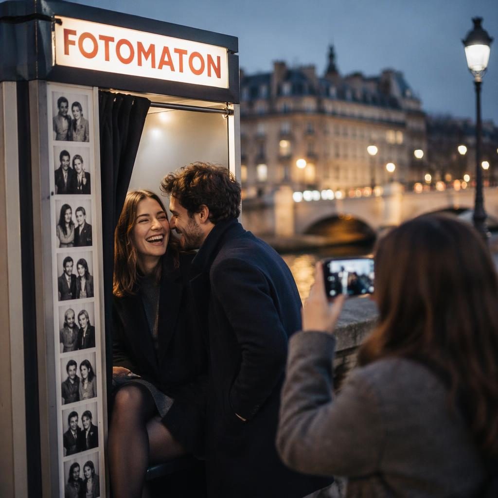 Novio preparándose para su boda junto a un puente del Sena de noche, con luz natural suave y tonos fríos invernales.