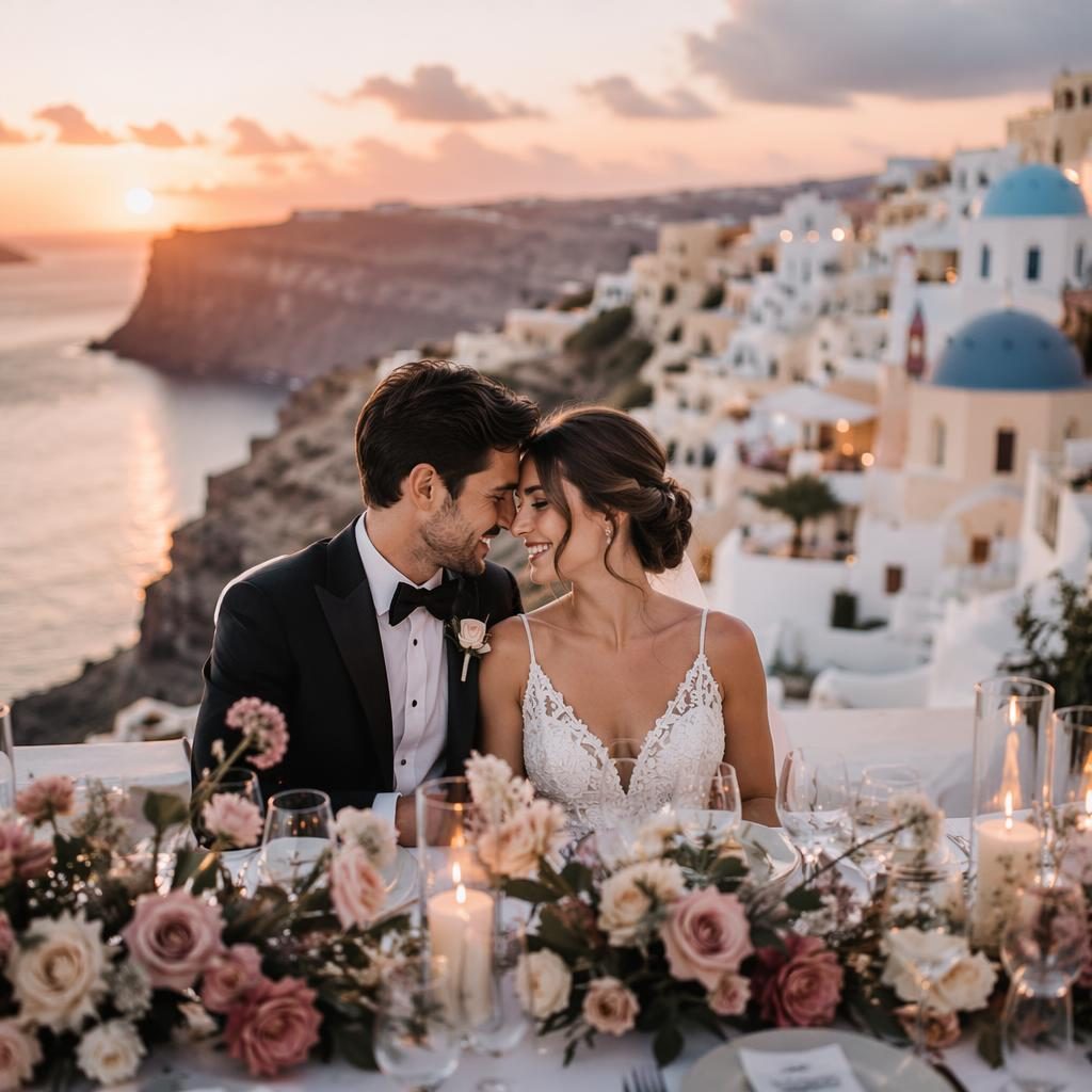Detalles de recepción de boda en acantilado de Santorini al atardecer, con cúpulas azules, luz natural y tonos rosa empolvado.