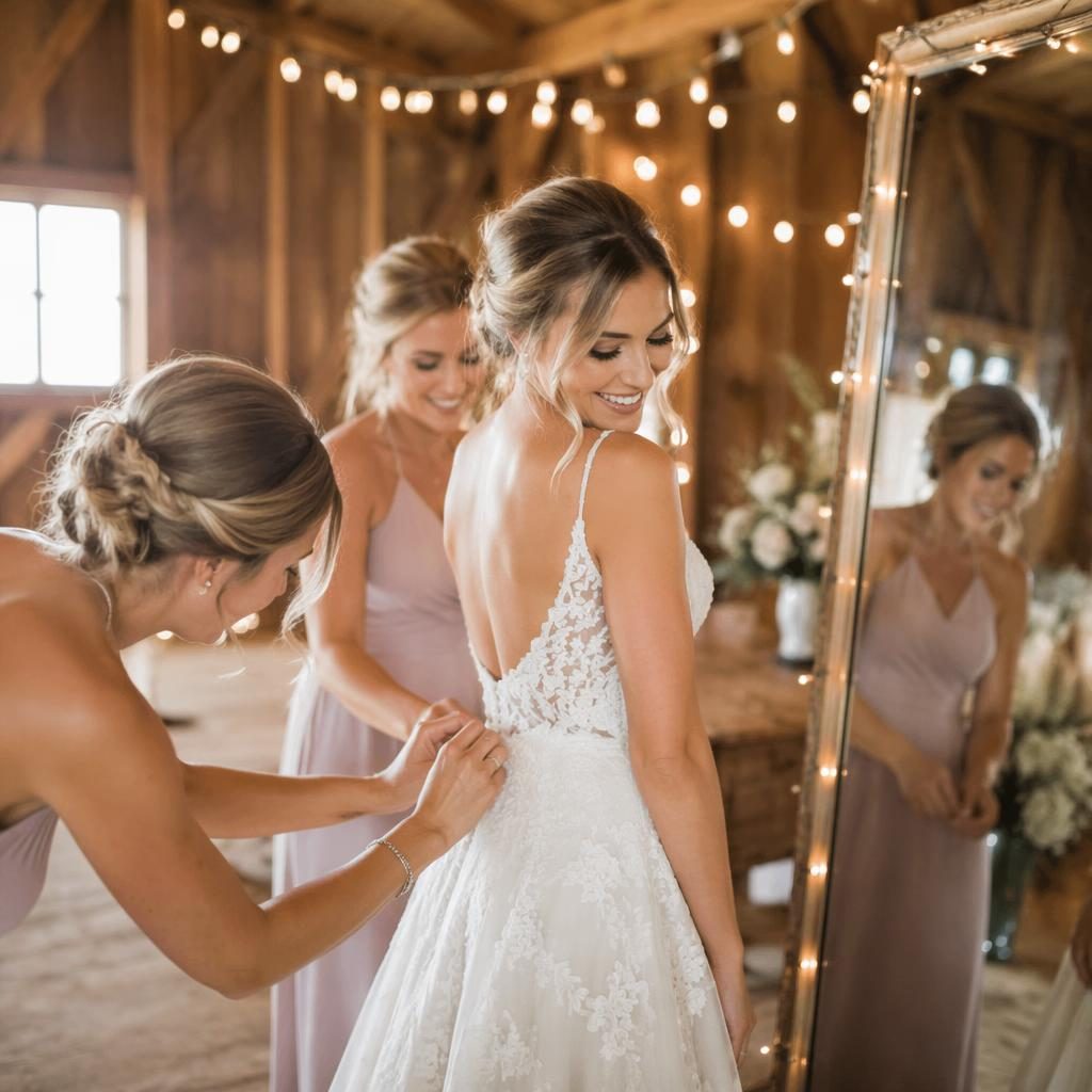 Bride getting ready by a cliffside ocean setting with soft blush and cream details and rustic barn fairy lights.