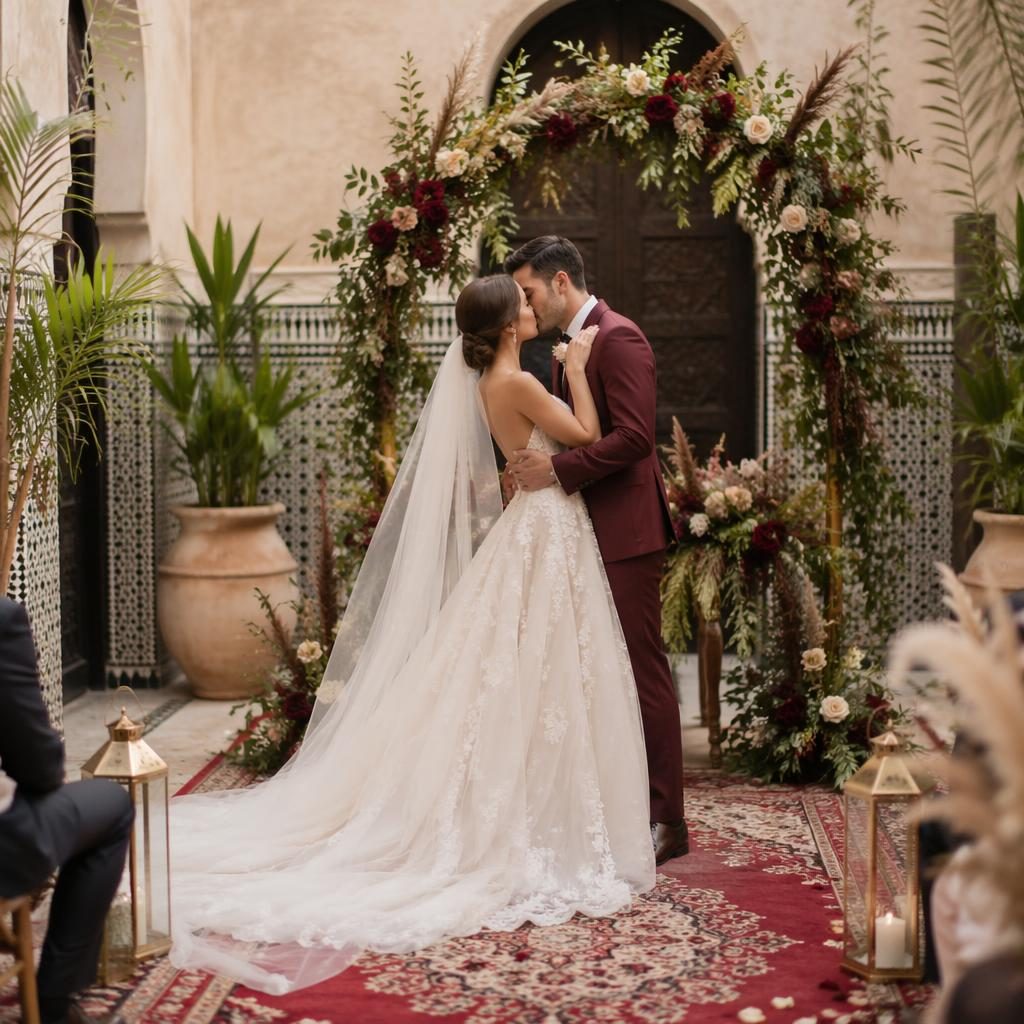 Pareja de novios dándose el primer beso en un patio de riad marroquí con luz natural y tonos burdeos y dorado