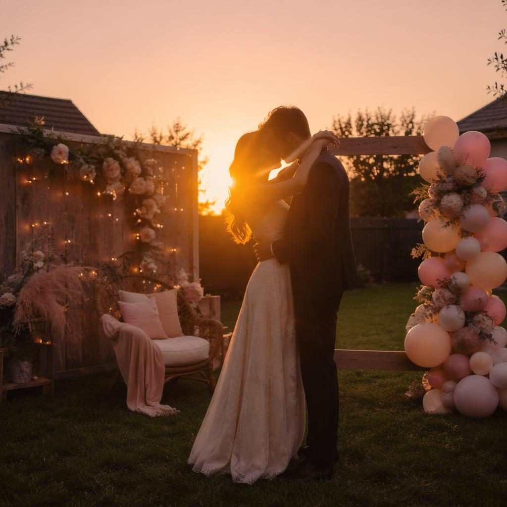 Silhouette d’un couple échangeant un premier baiser au coucher du soleil dans un jardin intimiste, tons blush et crème.