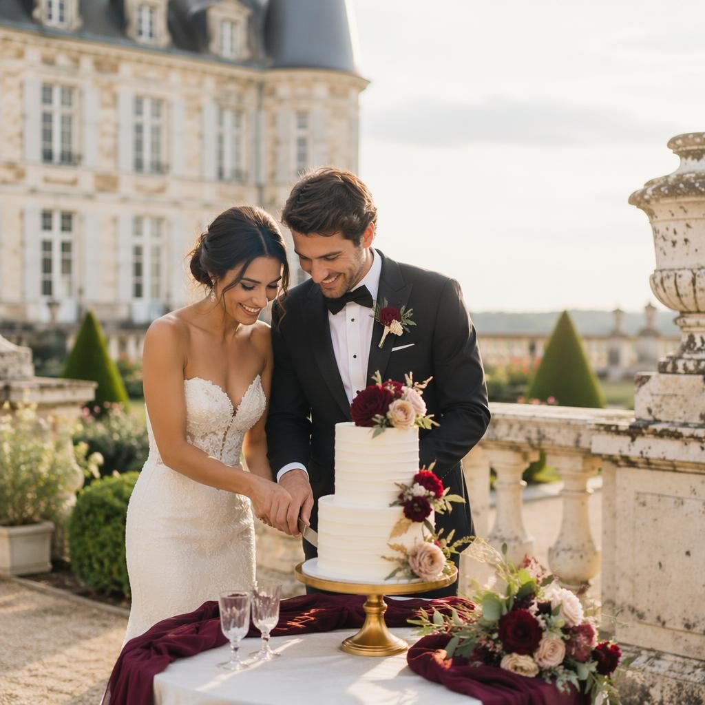 Bride and groom cut a wedding cake in a French chateau garden with soft pastel light and burgundy gold details.