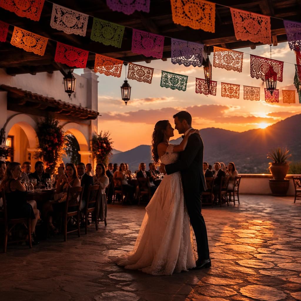Couple en première danse lors d’un mariage en montagne, décor hacienda mexicaine avec papel picado, lumière chaude du sunset