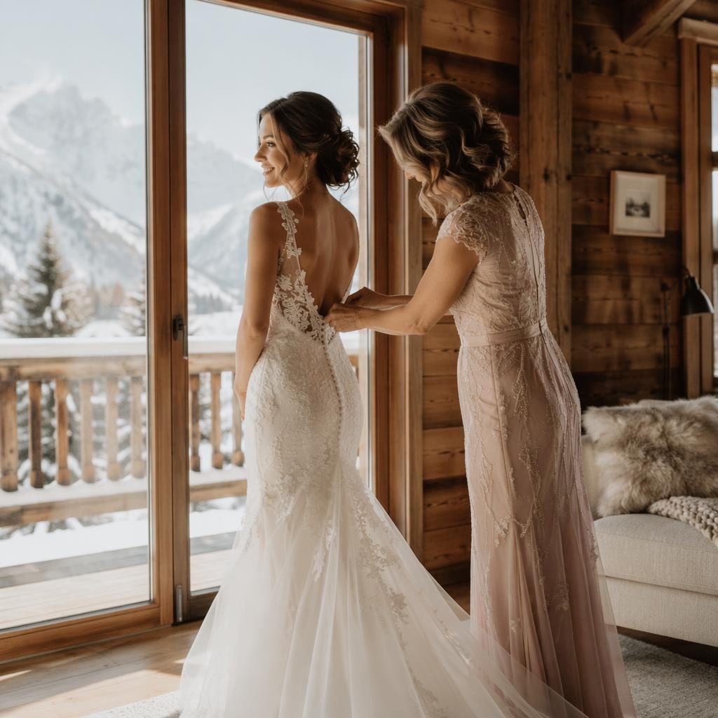 Bride getting ready in a snowy alpine chalet near a cliffside ocean view, with soft blush and cream details in natural light.