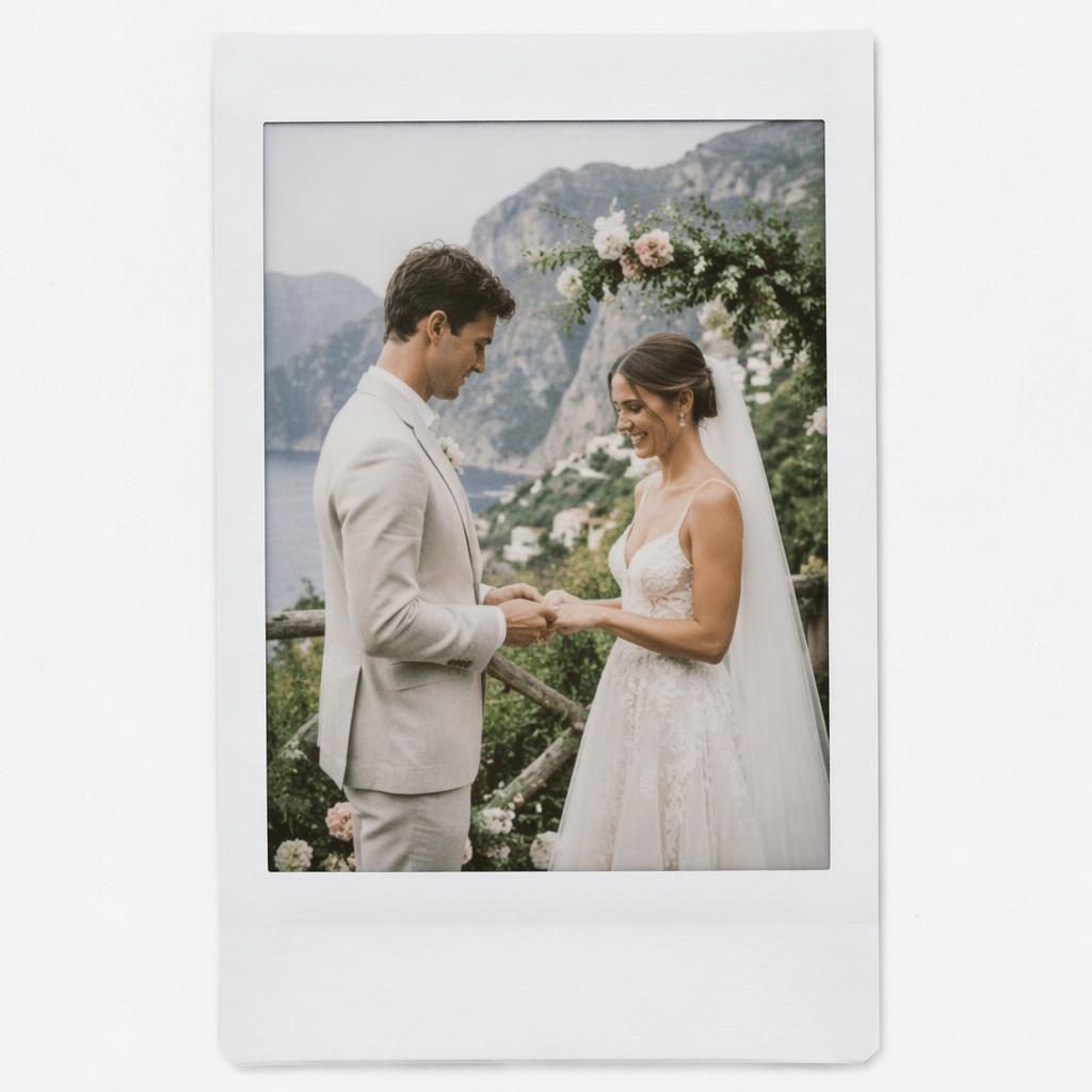 Échange d’alliances dans un vignoble en falaise à Positano, mariage intime, lumière naturelle, tons blush et crème