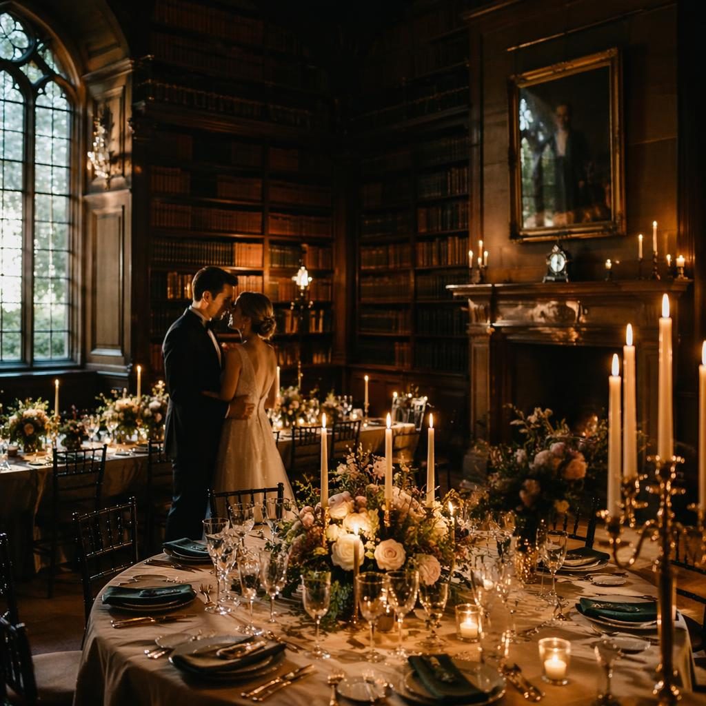Candlelit wedding reception details in a historic castle library at a vineyard, with emerald and bronze decor in spring.