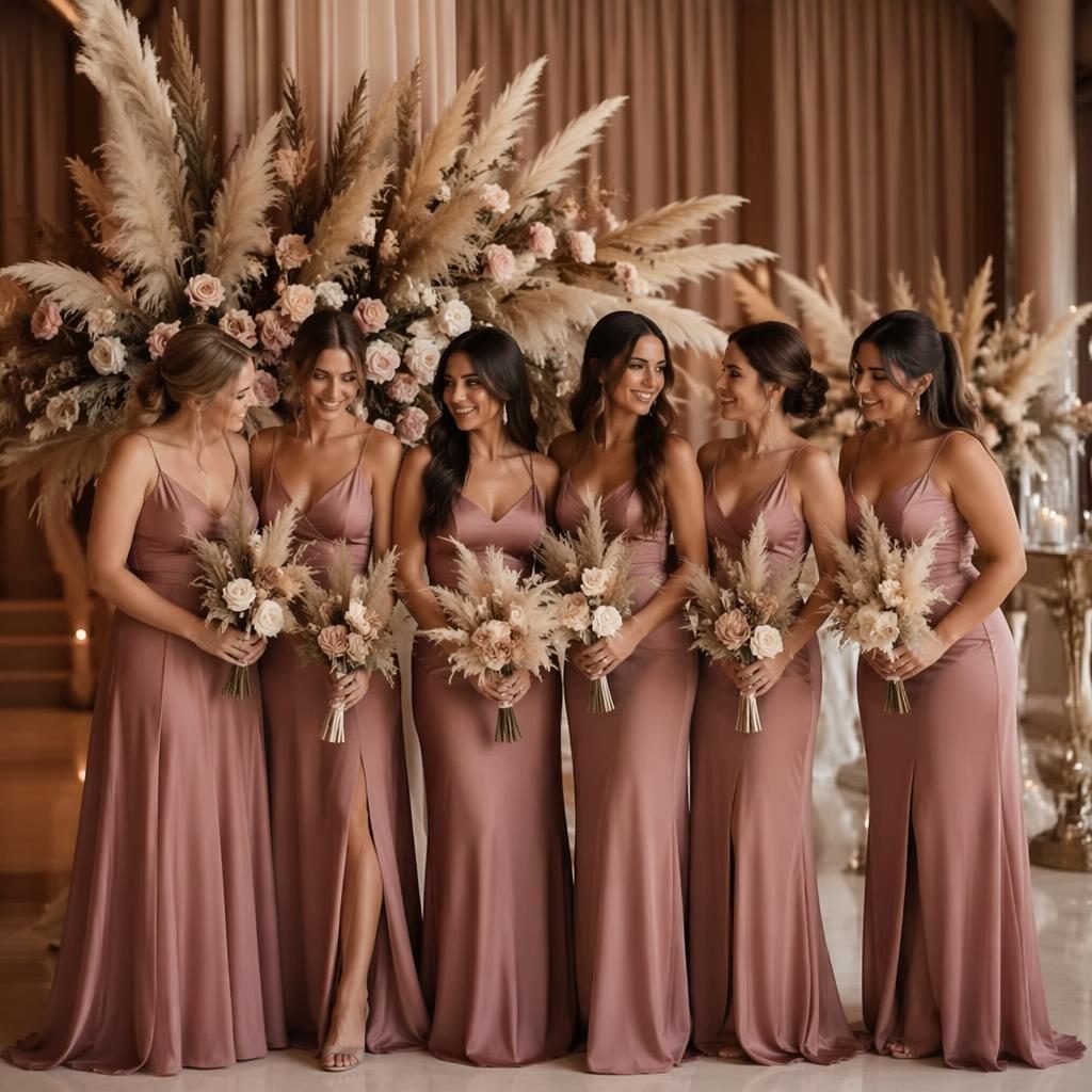 Detalles de recepción de boda en salón elegante con pampas boho, tonos rosa empolvado y luz natural cinematográfica