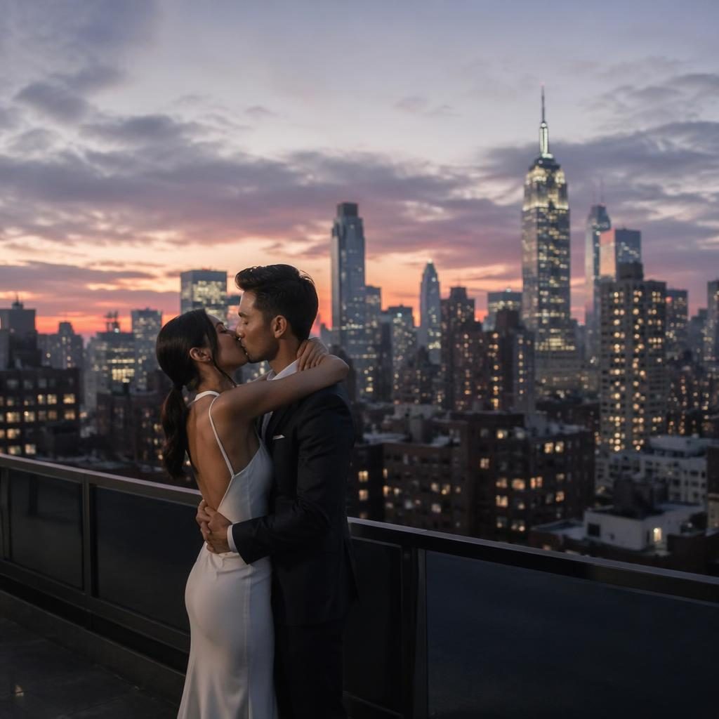 Pareja de boda dándose su primer beso en una azotea de Manhattan al atardecer, foto editorial en blanco y negro.