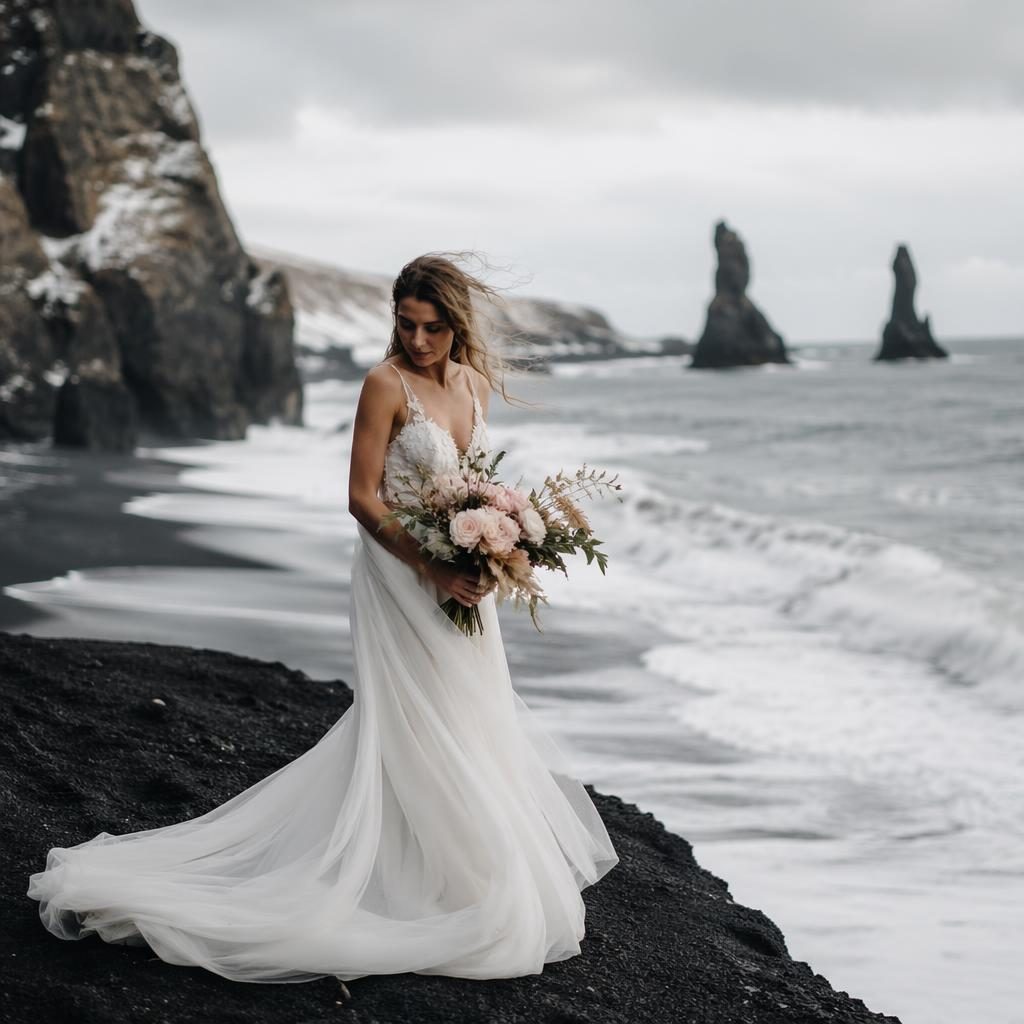 Bride getting ready by ocean cliffs on Icelandic black sand beach in winter, soft blush and cream tones, candid style.