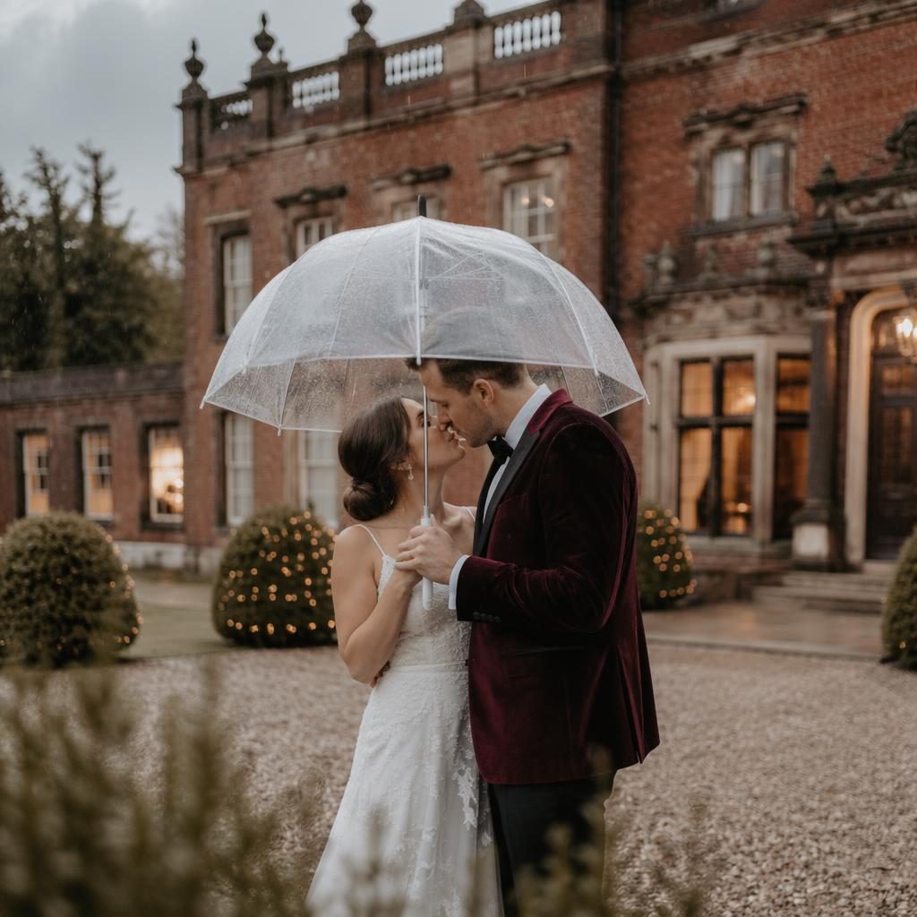 Couple under an umbrella on a rainy beach with sparklers, soft pastel tones, burgundy and gold wedding styling.