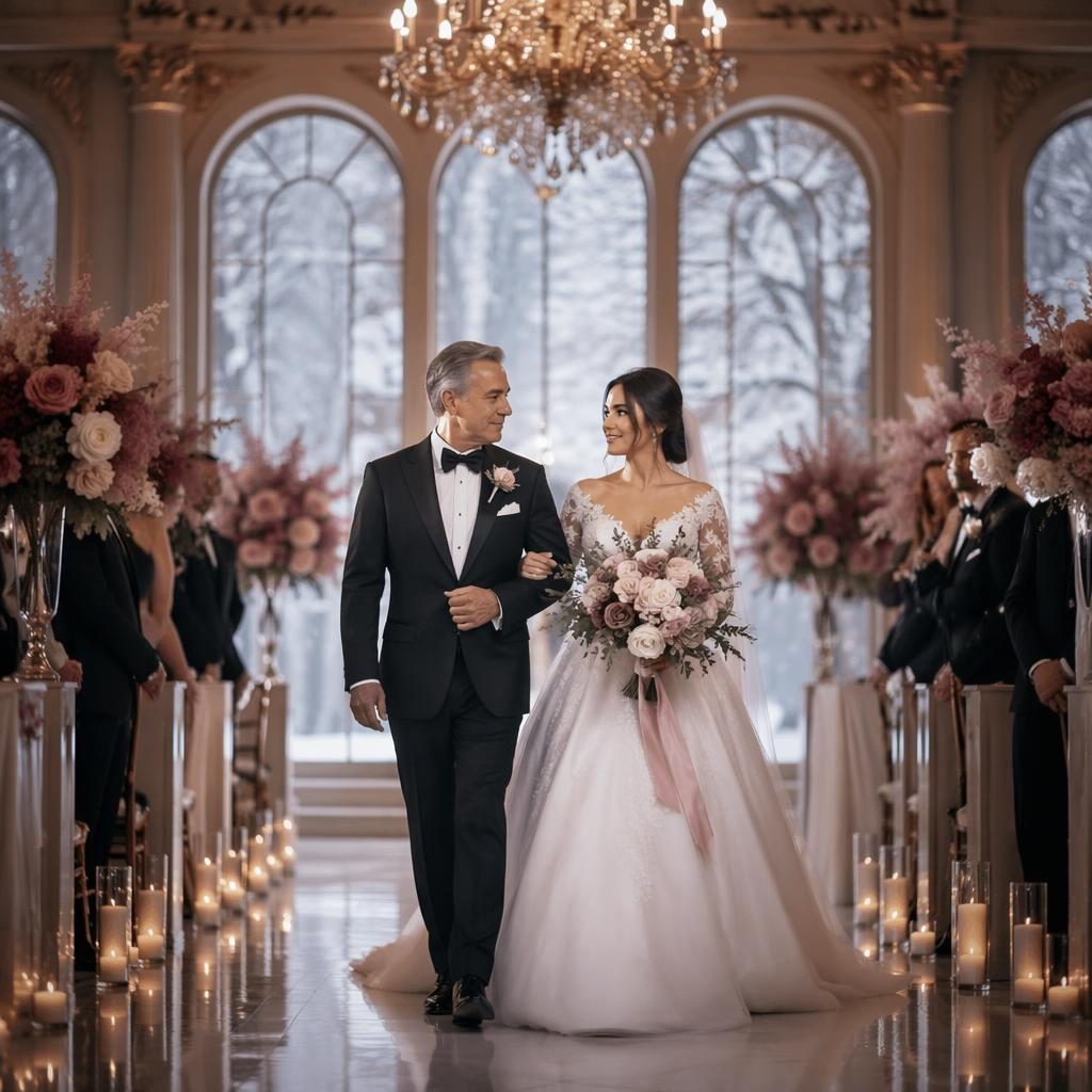 Father walks the bride down the aisle in an elegant winter ballroom with dusty rose decor and cinematic natural light.