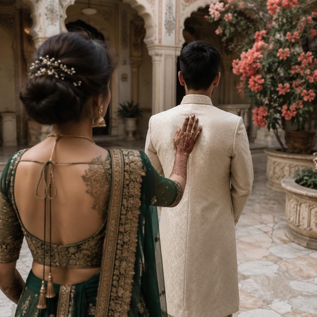 Brautpaar beim First Look in einem Palasthof mit Mehndi-Dekor, nahe Klippen am Meer, in natürlichem Frühlingslicht