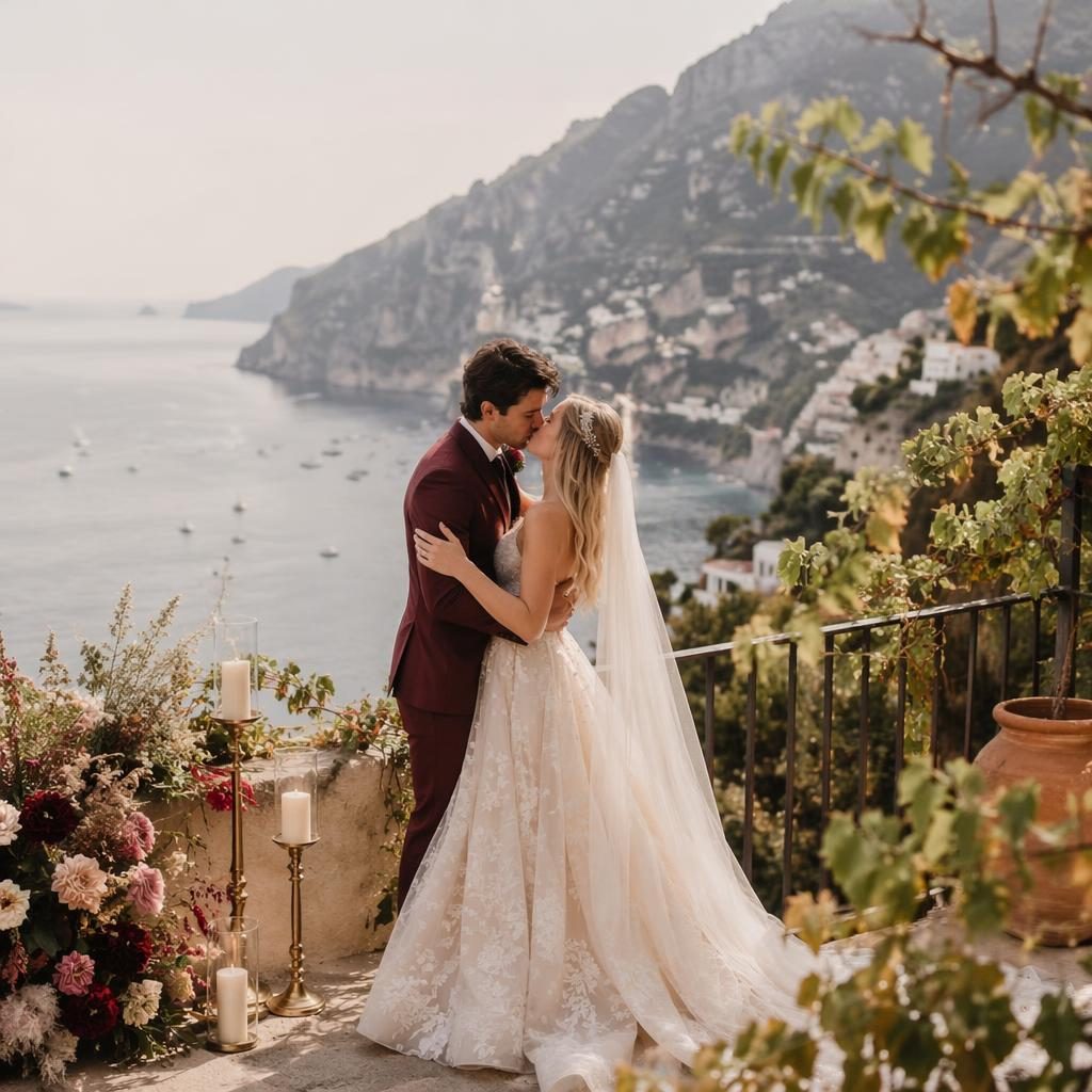 Bride and groom share a first kiss in a Positano cliff vineyard by the beach, with soft pastel tones and burgundy gold details.