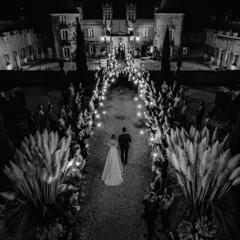 Black and white aerial-style view of a wedding couple with guests holding sparklers at a château, with pampas grass decor