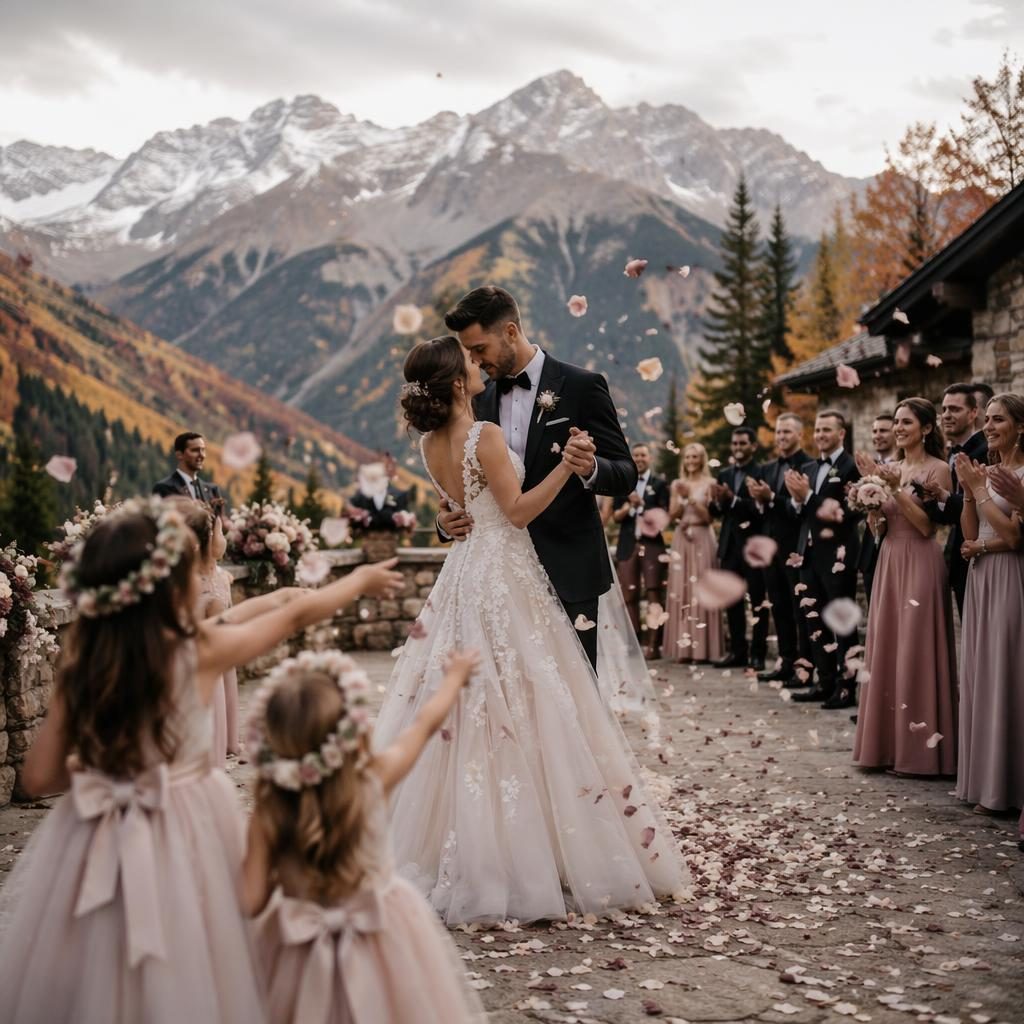 Bride and groom share a first dance in an alpine mountain setting as a flower girl tosses petals in autumn light.