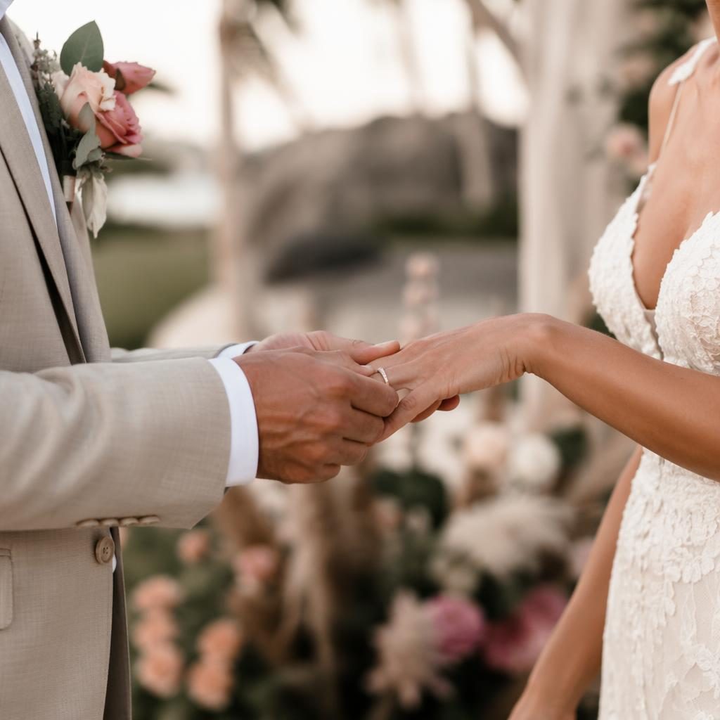 Primer plano de manos durante el intercambio de anillos en una boda en resort tropical, luz natural y tonos rosa empolvado.