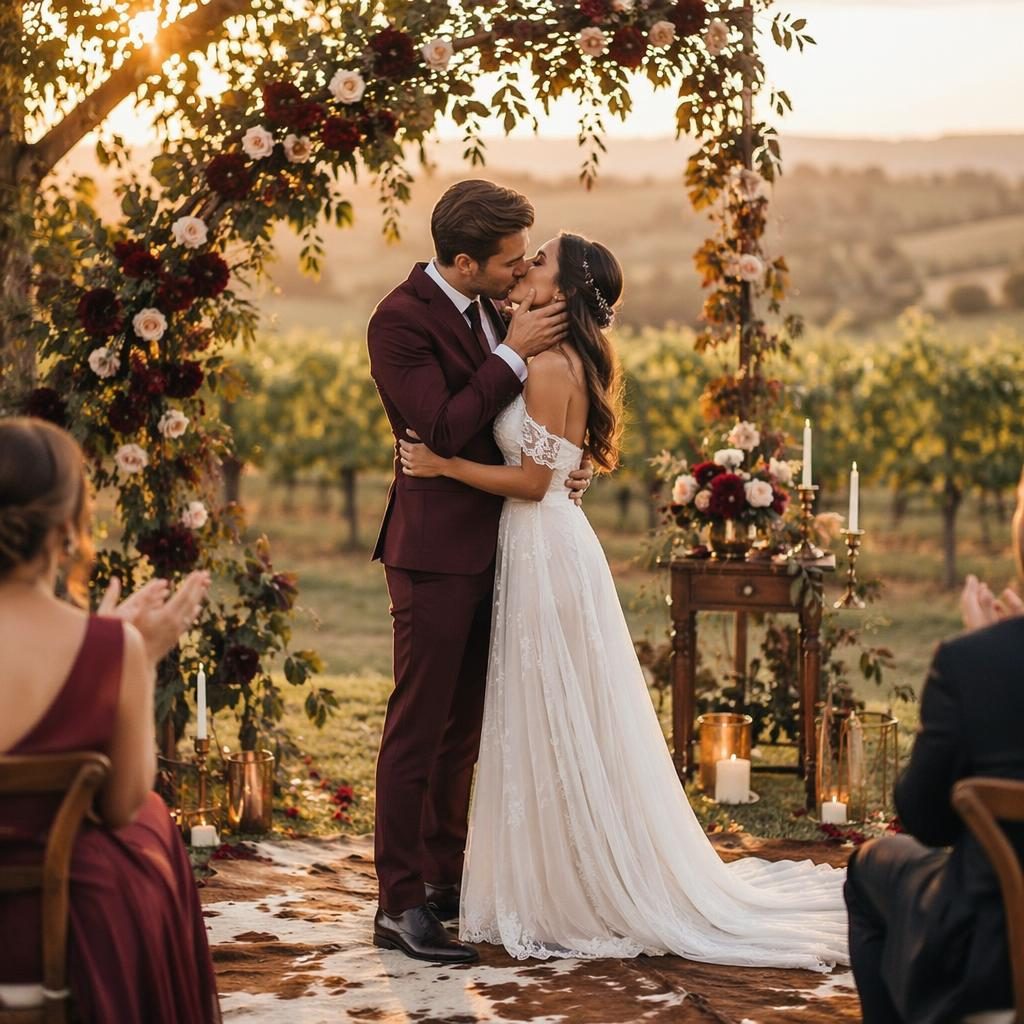 Couple de mariés échangeant un premier baiser dans un vignoble toscan au coucher du soleil, tons bordeaux et or.