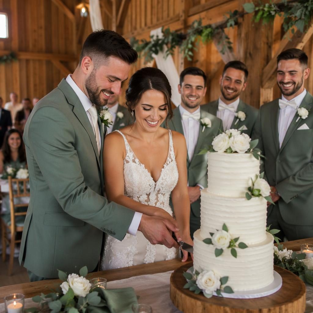 Bride and groom cutting wedding cake in a rustic barn with sage and white decor, natural light, and groomsmen nearby.