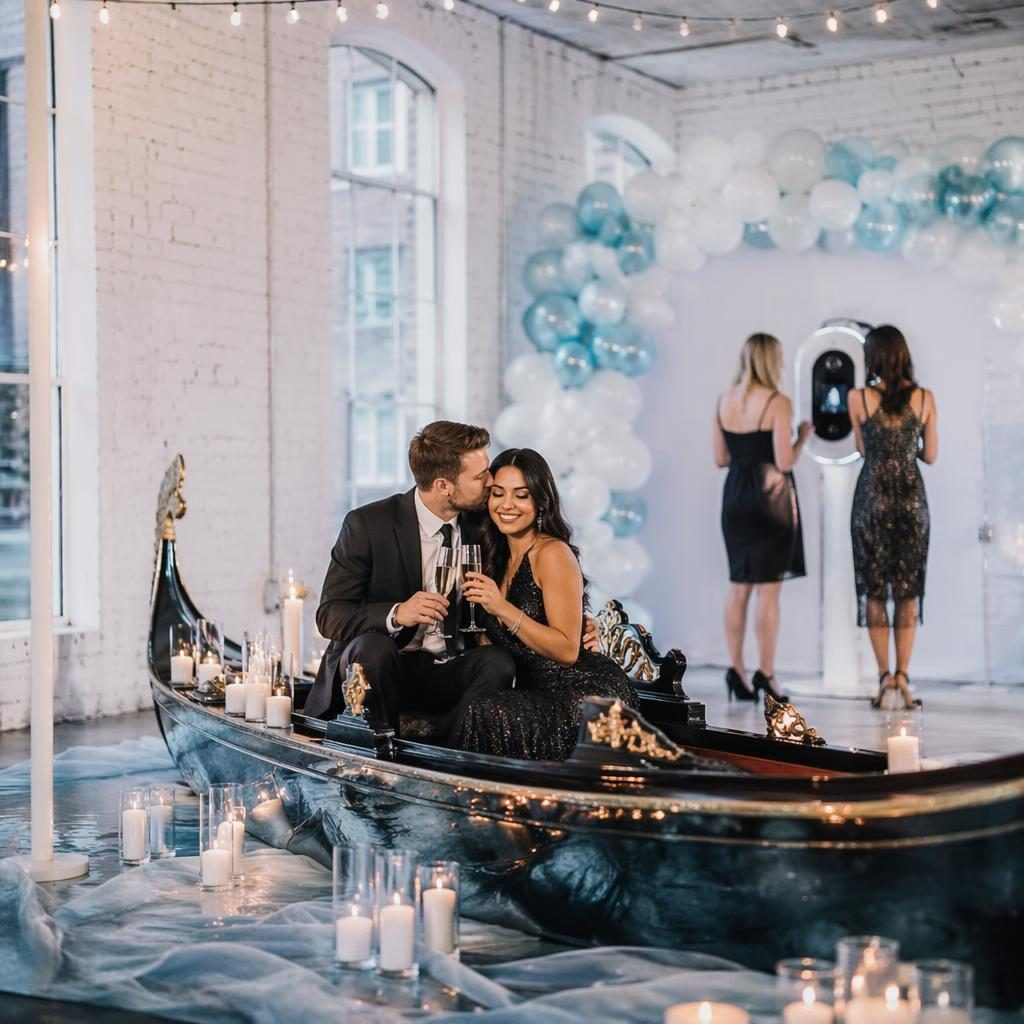 Entrée de réception de mariage dans un loft industriel, couple près d’une gondole de style Venise, tons glacés d’hiver.