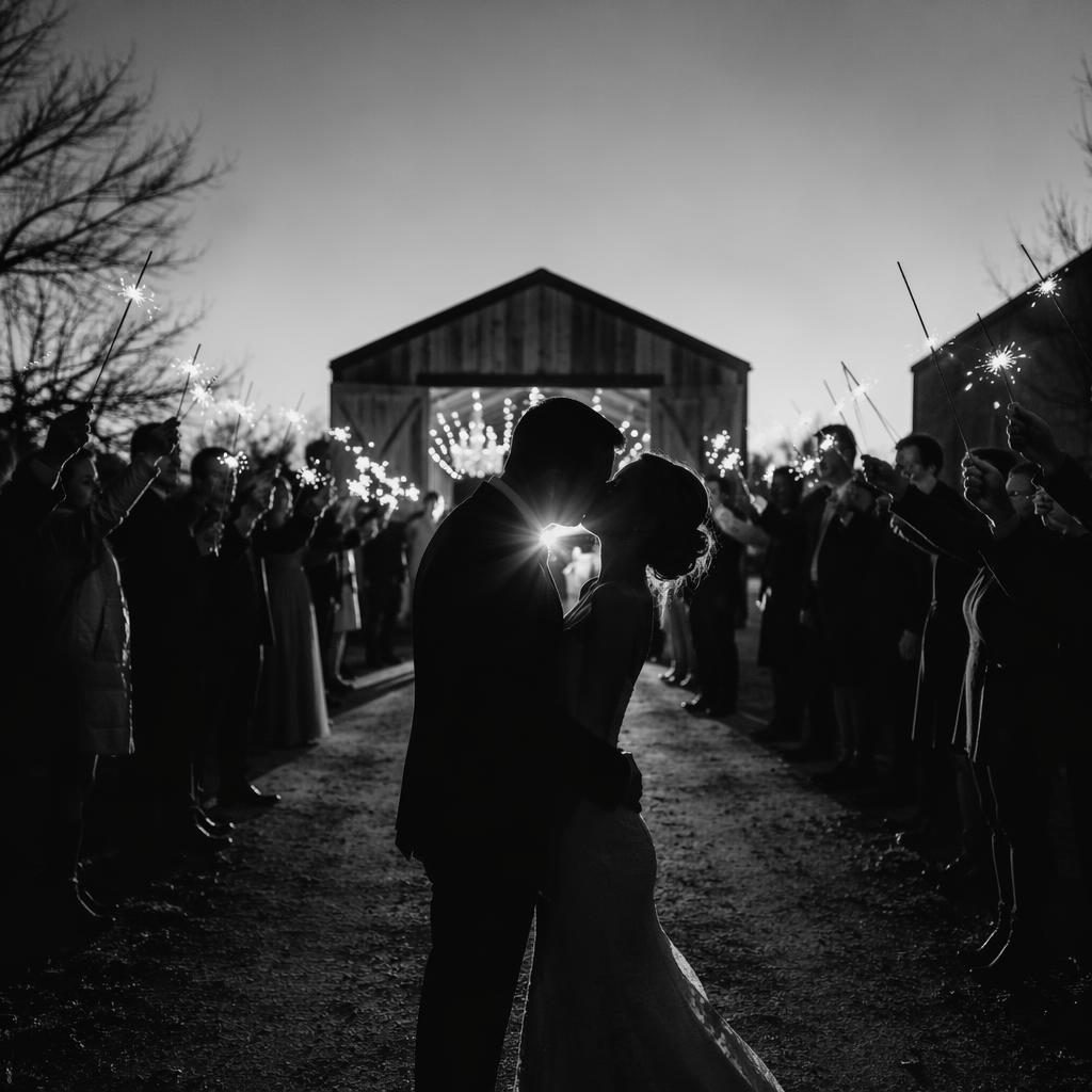 Couple de mariés en silhouette s’embrassant au coucher du soleil devant une grange rustique, avec cierges magiques