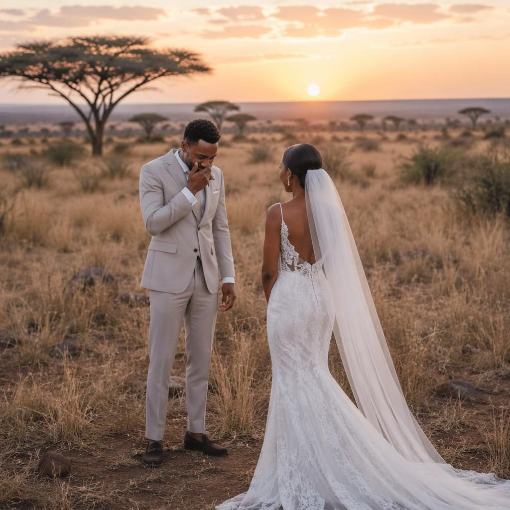 Brautpaar beim First Look in der afrikanischen Savanne bei Sonnenuntergang, natürliche Hochzeitsfotografie in Blush und Creme.