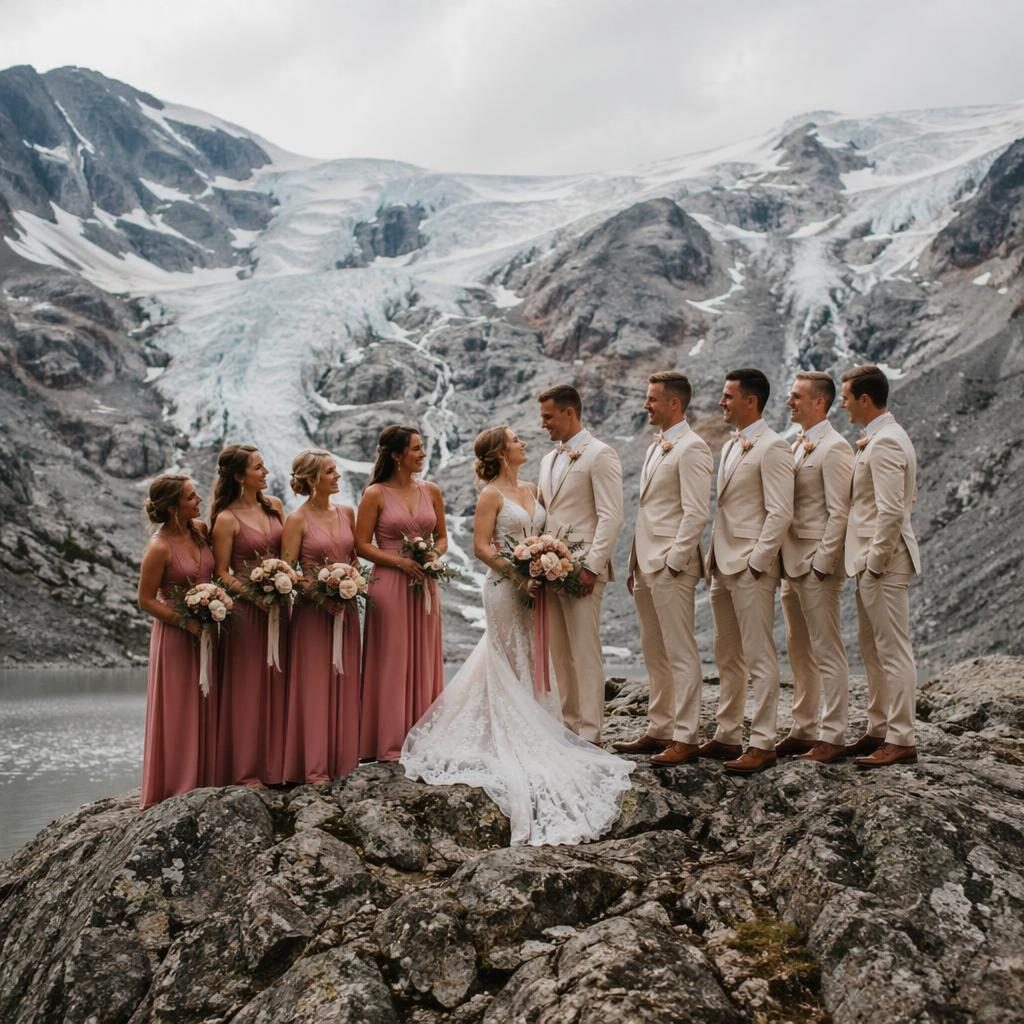 Wedding party group portrait on a Nordic glacier in late summer, with mountains, dusty rose styling, and natural light.